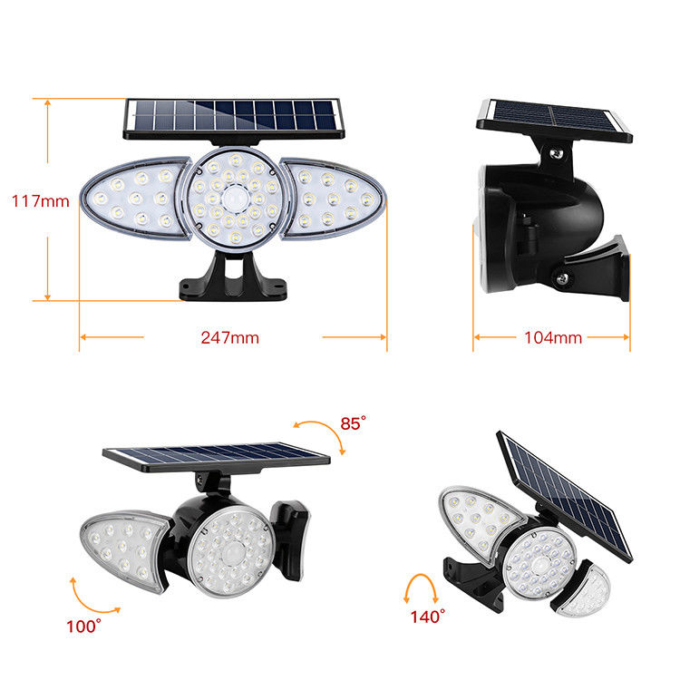 สามหัว 100-400LM 38PCS LED โซลา เซนเซอร์ โคมไฟติดผนังสำหรับ Pathway